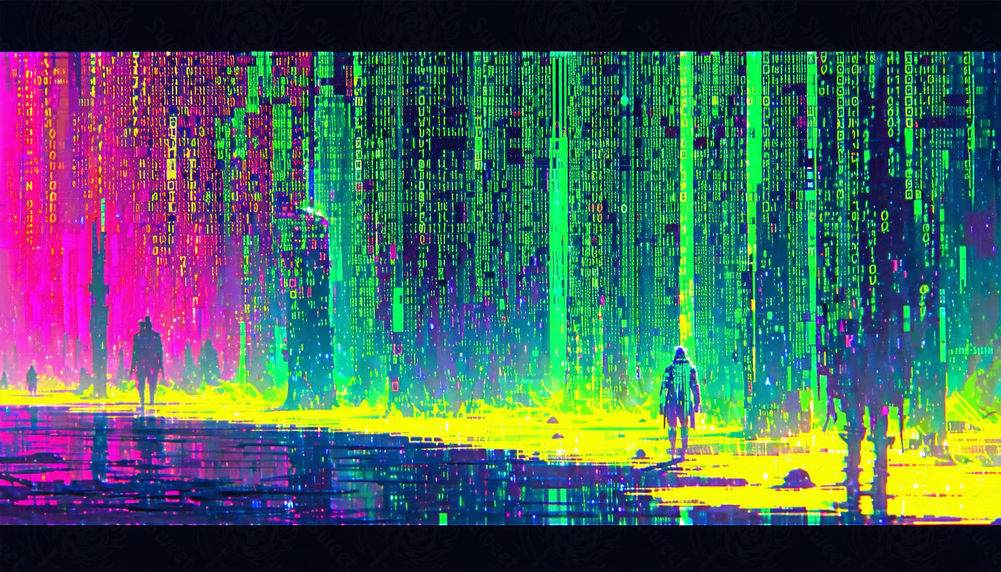 digital rain cyberpunk cityscape SN3284