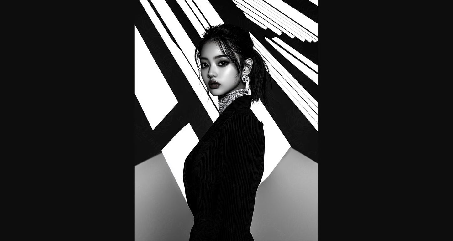 Black And White Fashion Photo of a Woman In The Center of a Optical Illusion That Creates Visual Depth and Movement 03 by 04 002 SN2438 - Sweet As Hell Designs