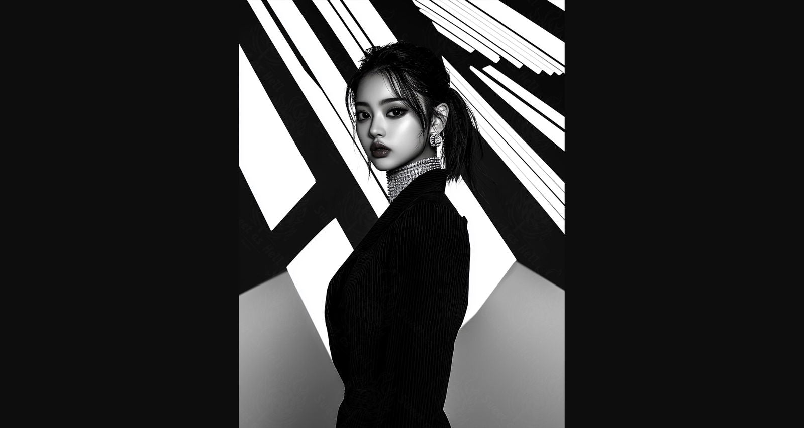 Black And White Fashion Photo of a Woman In The Center of a Optical Illusion That Creates Visual Depth and Movement 03 by 04 002 SN2438 - Sweet As Hell Designs