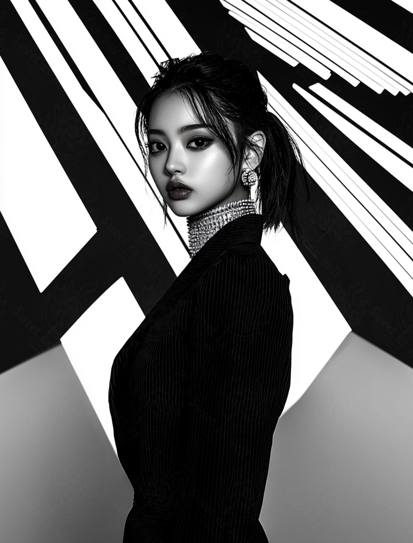 Black And White Fashion Photo of a Woman In The Center of a Optical Illusion That Creates Visual Depth and Movement 03 by 04 002 SN2438 - Sweet As Hell Designs