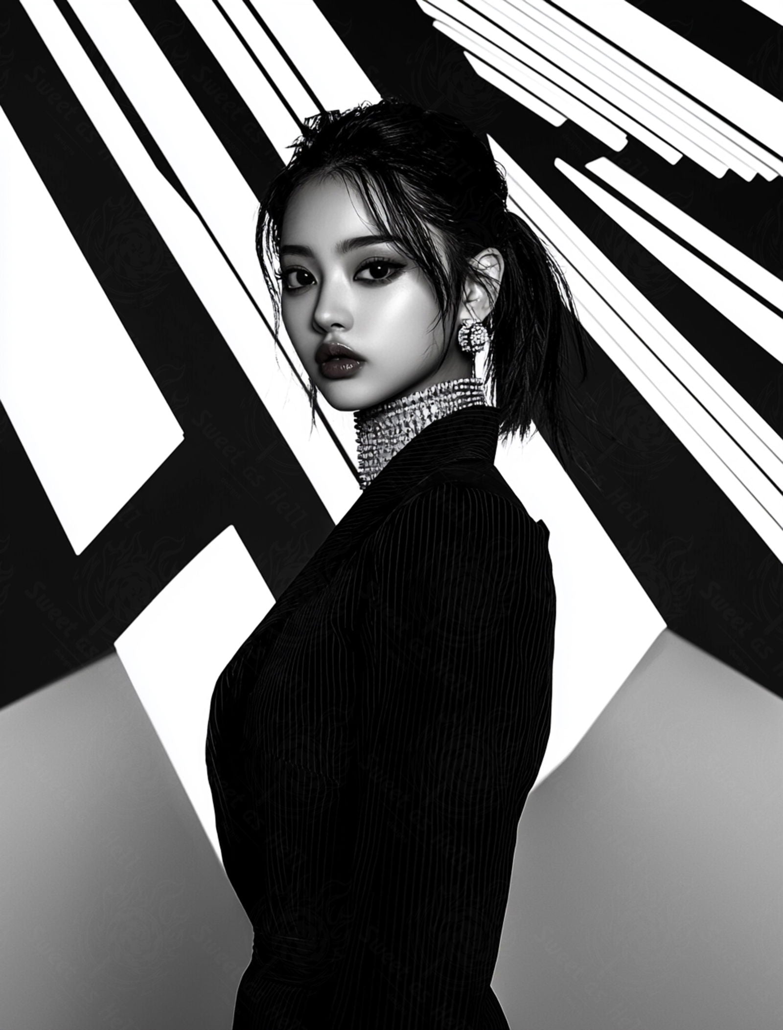 Black And White Fashion Photo of a Woman In The Center of a Optical Illusion That Creates Visual Depth and Movement 03 by 04 002 SN2438 - Sweet As Hell Designs