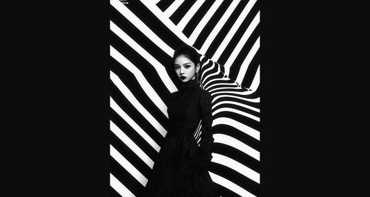 Black And White Fashion Photo of a Woman In The Center of a Optical Illusion That Creates Visual Depth and Movement 03 by 04 003 SN2439 - Sweet As Hell Designs