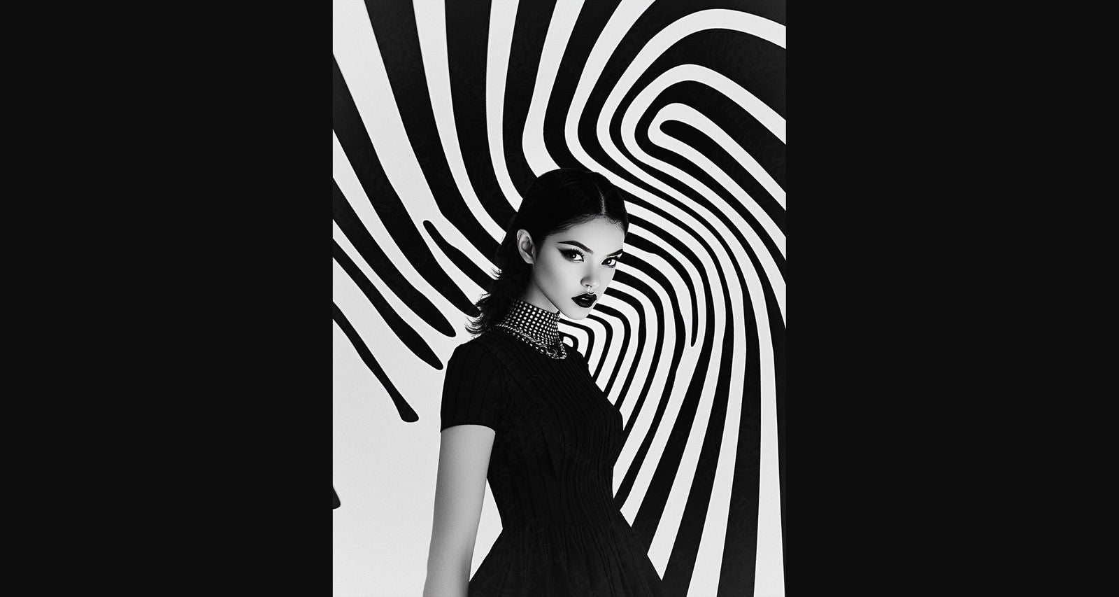 Black And White Fashion Photo of a Woman In The Center of a Optical Illusion That Creates Visual Depth and Movement 03 by 04 004 SN2440 - Sweet As Hell Designs
