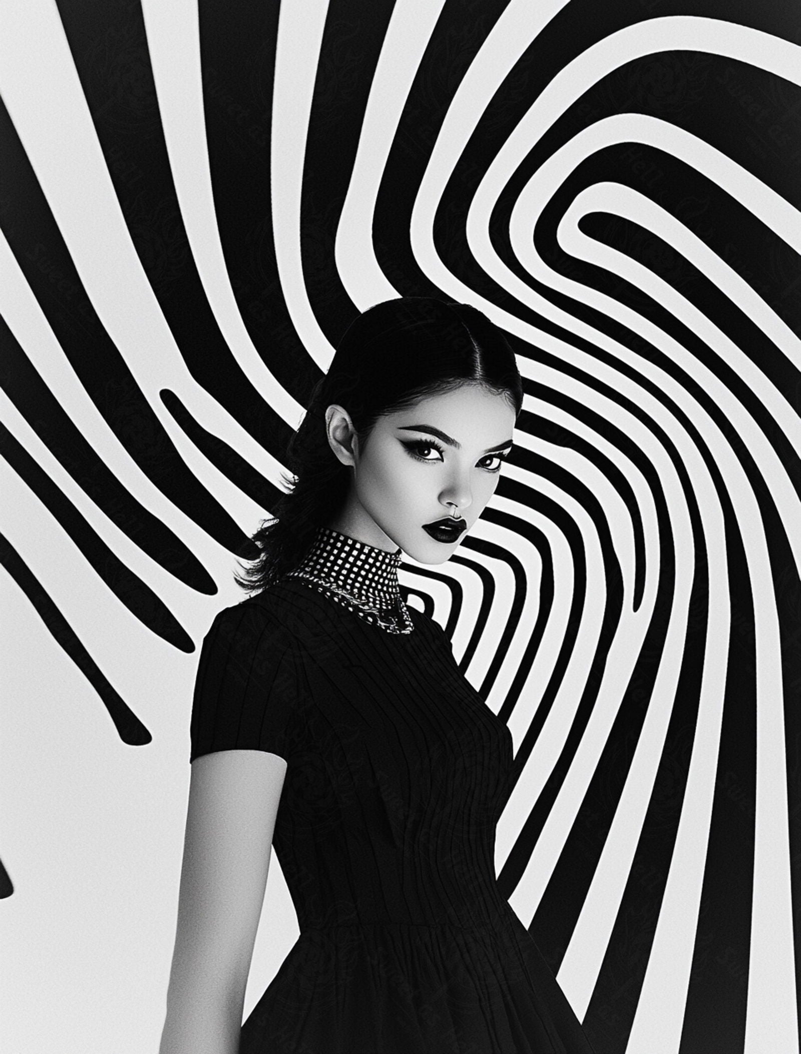 Black And White Fashion Photo of a Woman In The Center of a Optical Illusion That Creates Visual Depth and Movement 03 by 04 004 SN2440 - Sweet As Hell Designs