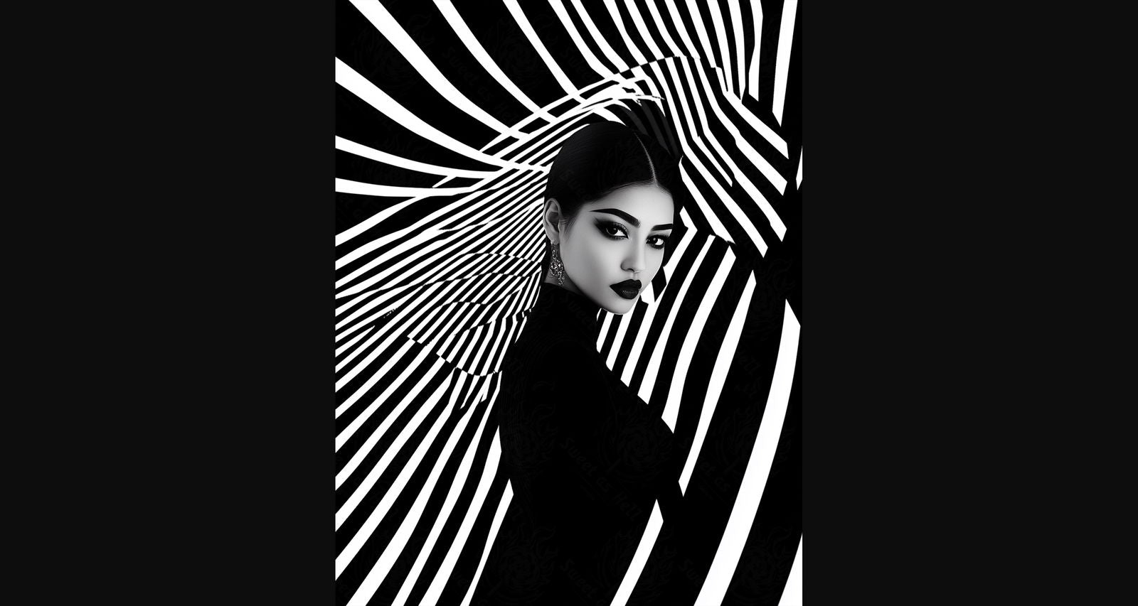 Black And White Fashion Photo of a Woman In The Center of a Optical Illusion That Creates Visual Depth and Movement 03 by 04 006 SN2442 - Sweet As Hell Designs