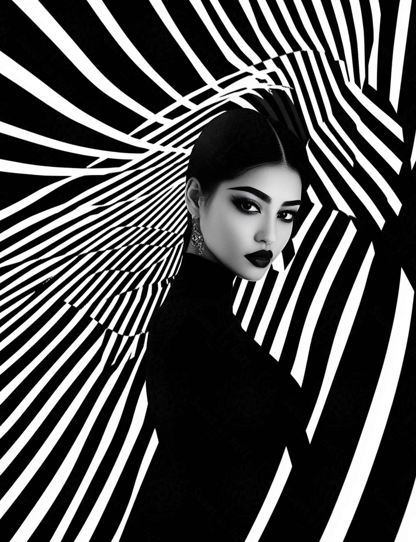 Black And White Fashion Photo of a Woman In The Center of a Optical Illusion That Creates Visual Depth and Movement 03 by 04 006 SN2442 - Sweet As Hell Designs
