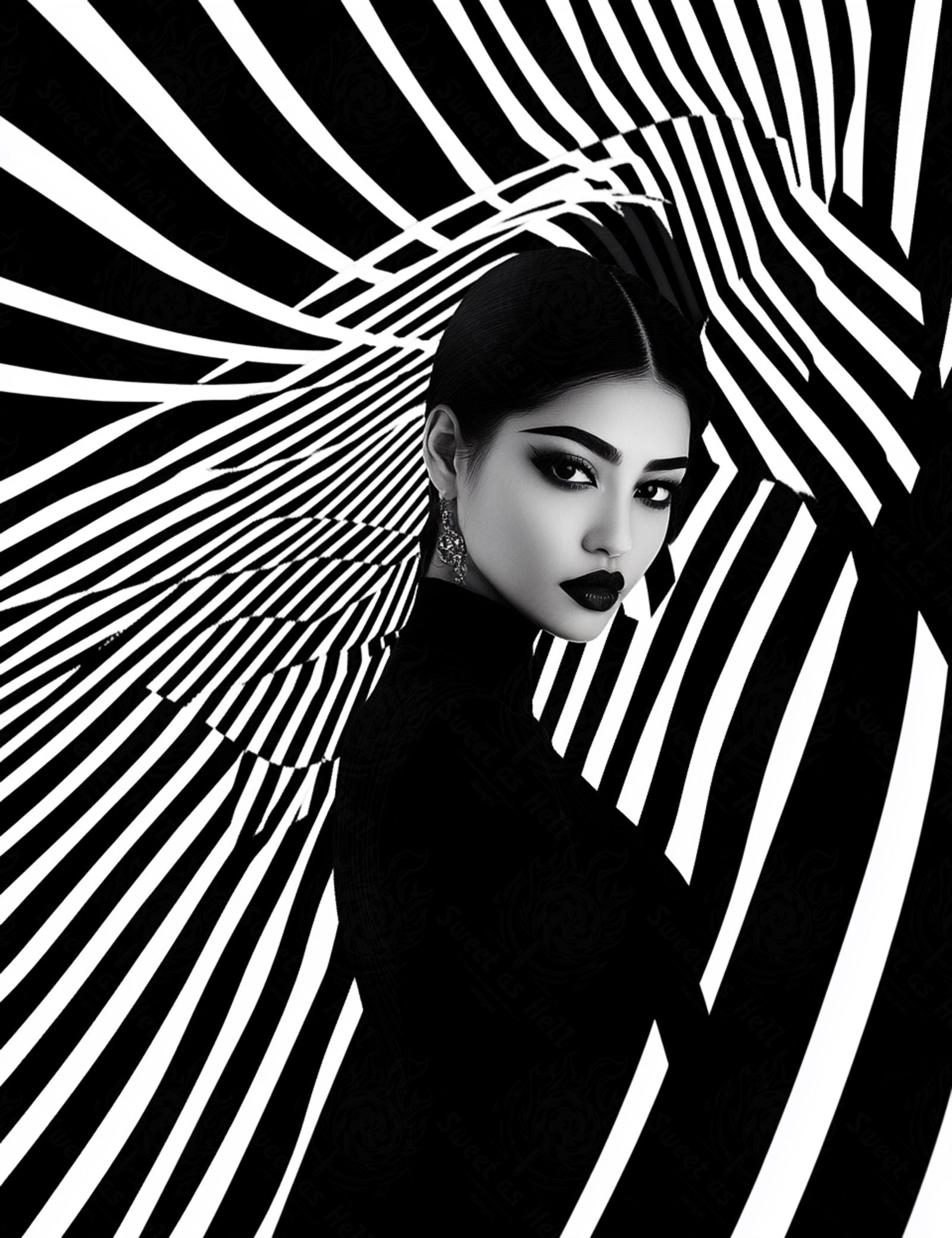 Black And White Fashion Photo of a Woman In The Center of a Optical Illusion That Creates Visual Depth and Movement 03 by 04 006 SN2442 - Sweet As Hell Designs
