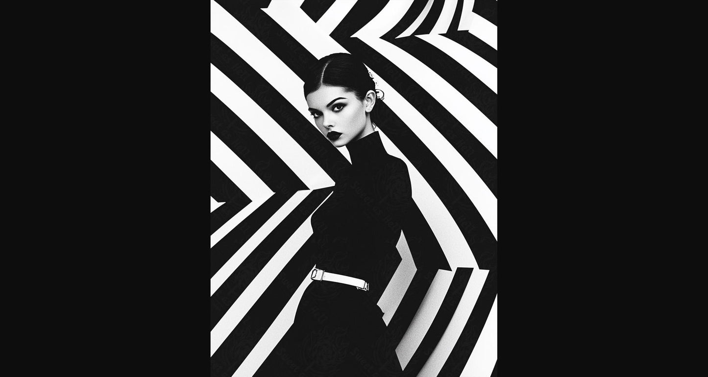 Black And White Fashion Photo of a Woman In The Center of a Optical Illusion That Creates Visual Depth and Movement 03 by 04 009 SN2445 - Sweet As Hell Designs