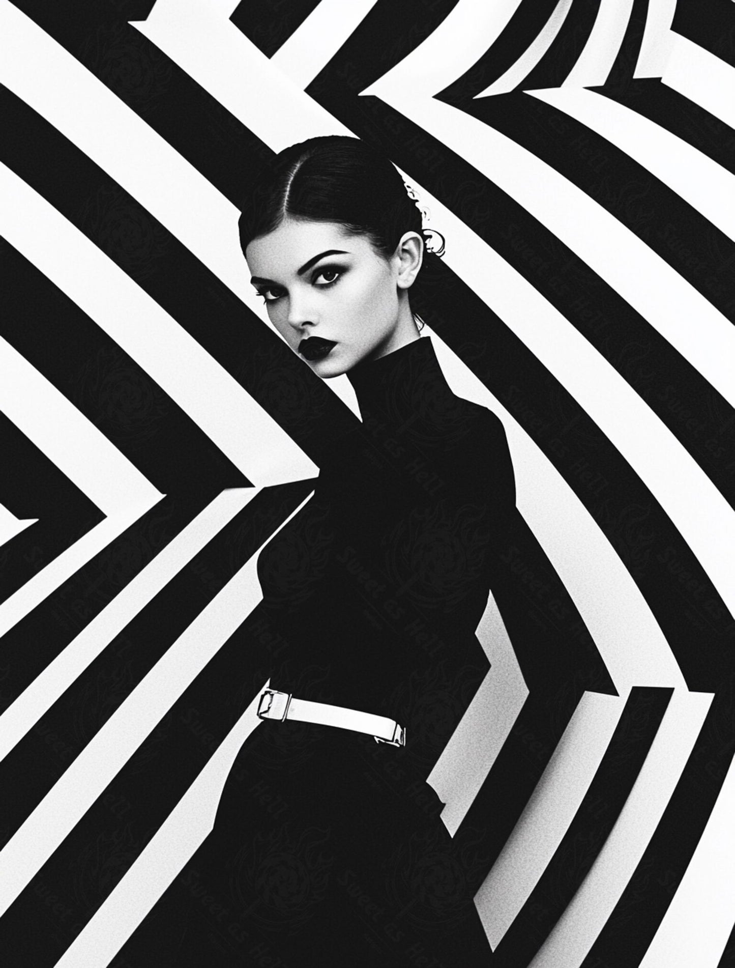 Black And White Fashion Photo of a Woman In The Center of a Optical Illusion That Creates Visual Depth and Movement 03 by 04 009 SN2445 - Sweet As Hell Designs
