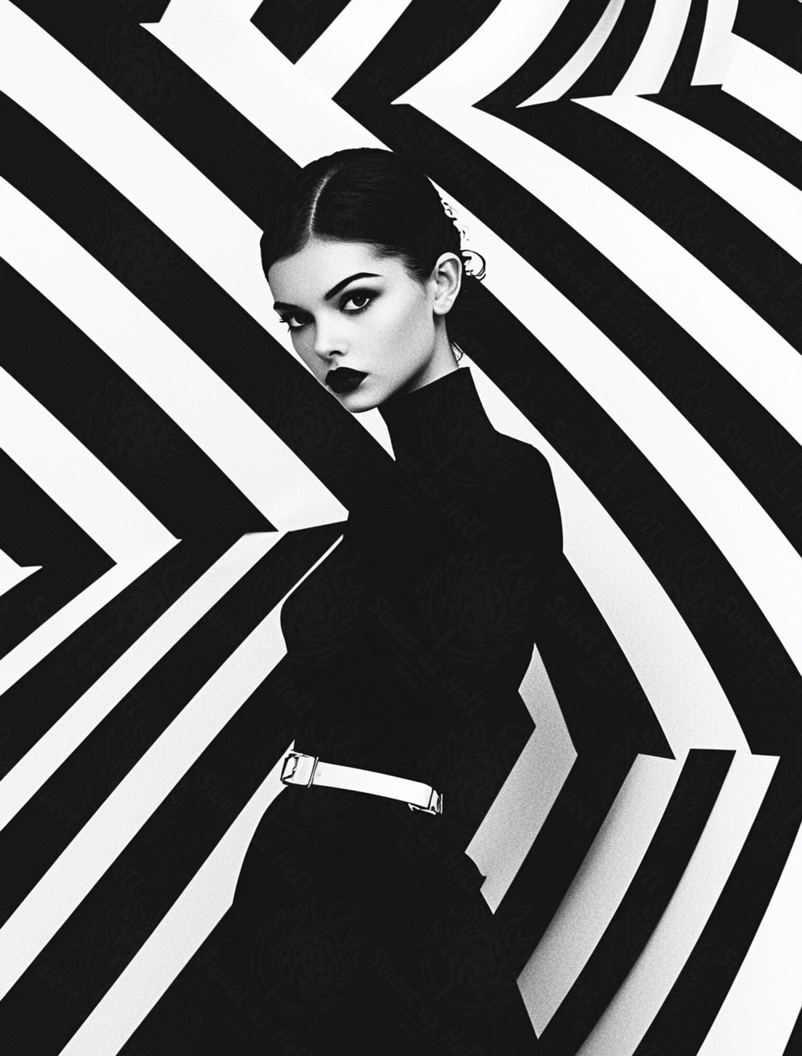 Black And White Fashion Photo of a Woman In The Center of a Optical Illusion That Creates Visual Depth and Movement 03 by 04 009 SN2445 - Sweet As Hell Designs