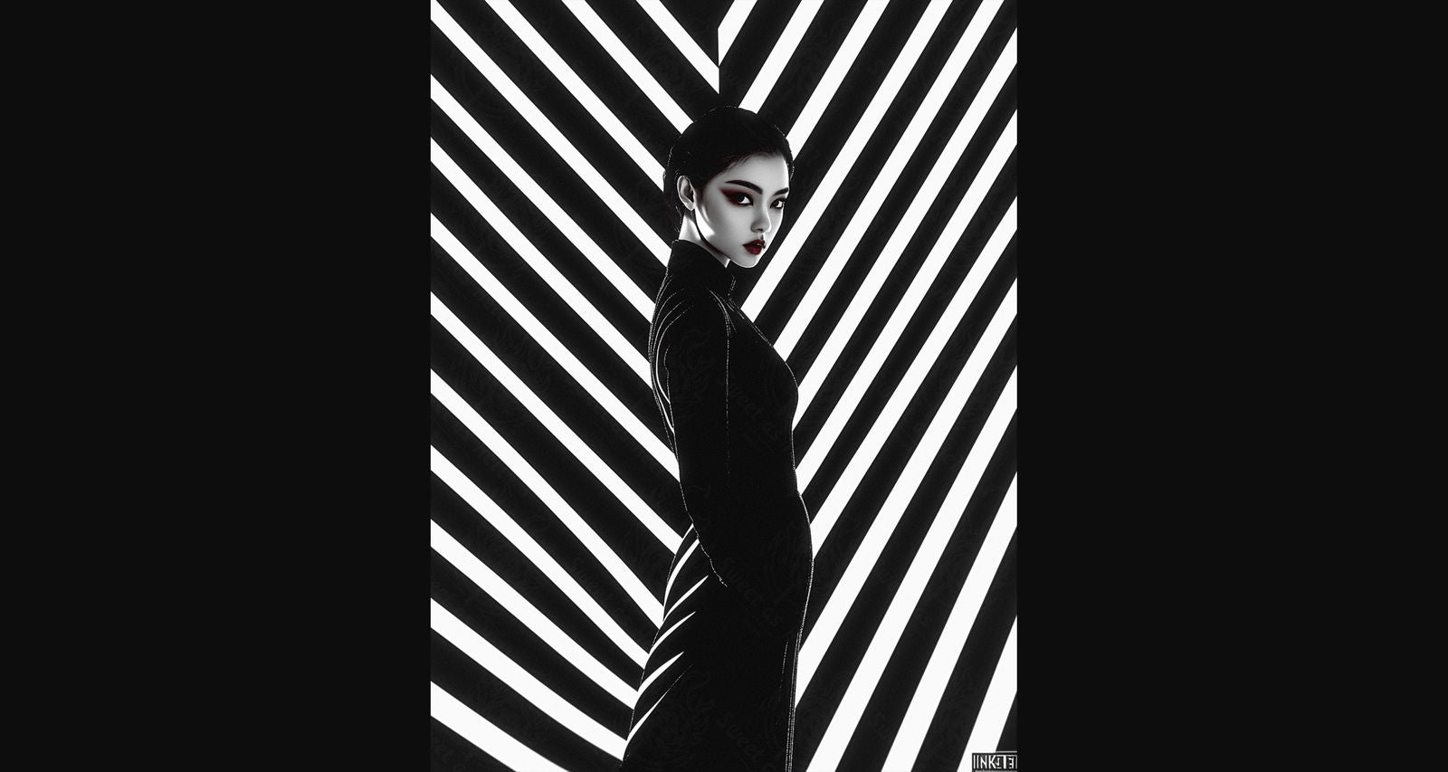 Black And White Fashion Photo of a Woman In The Center of a Optical Illusion That Creates Visual Depth and Movement 03 by 04 013 SN2449 - Sweet As Hell Designs
