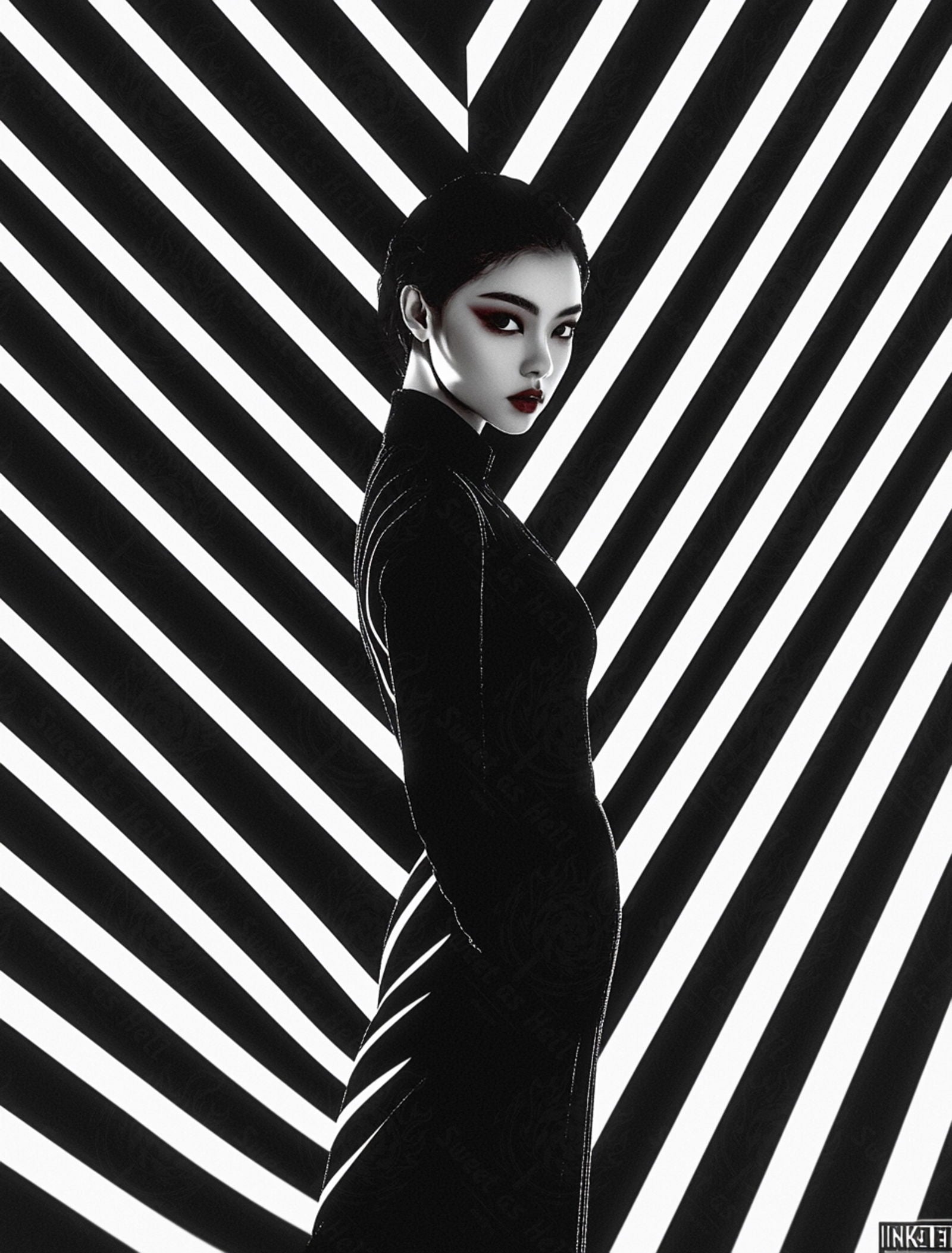 Black And White Fashion Photo of a Woman In The Center of a Optical Illusion That Creates Visual Depth and Movement 03 by 04 013 SN2449 - Sweet As Hell Designs