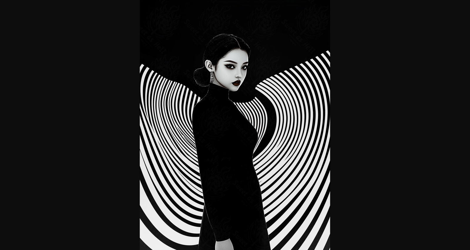 Black And White Fashion Photo of a Woman In The Center of a Optical Illusion That Creates Visual Depth and Movement 03 by 04 015 SN2451 - Sweet As Hell Designs