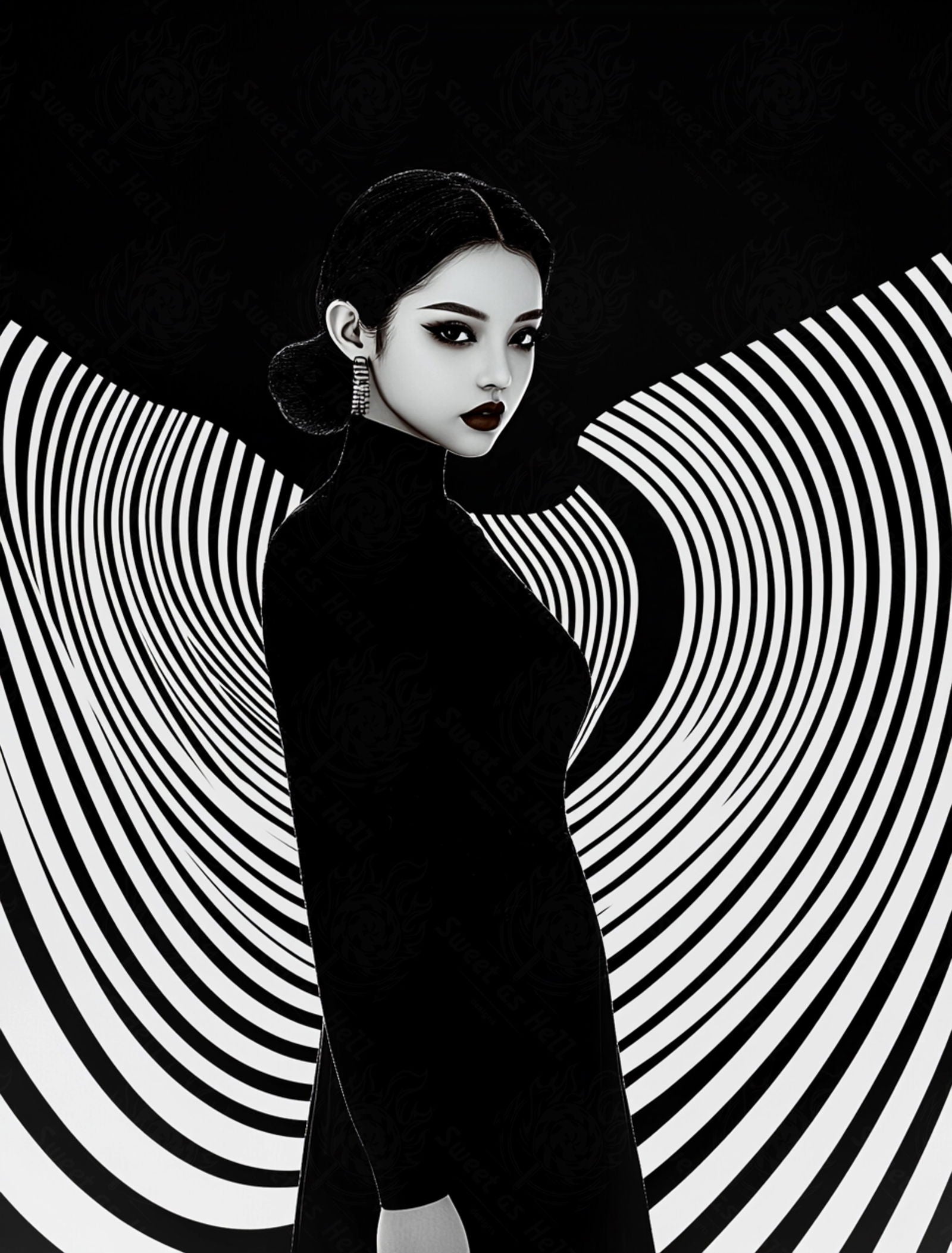 Black And White Fashion Photo of a Woman In The Center of a Optical Illusion That Creates Visual Depth and Movement 03 by 04 015 SN2451 - Sweet As Hell Designs