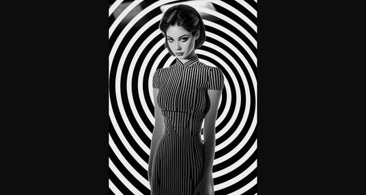 Black And White Fashion Photo of a Woman In The Center of a Optical Illusion That Creates Visual Depth and Movement 03 by 04 019 SN2455 - Sweet As Hell Designs