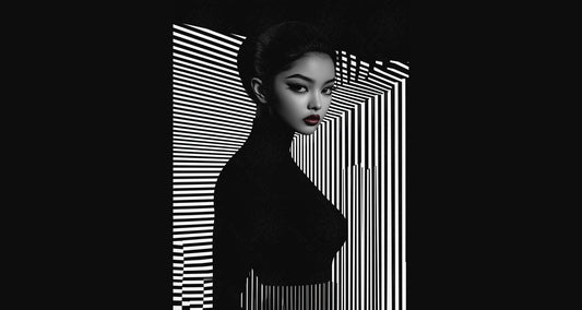 Black And White Fashion Photo of a Woman In The Center of a Optical Illusion That Creates Visual Depth and Movement 03 by 04 021 SN2457 - Sweet As Hell Designs