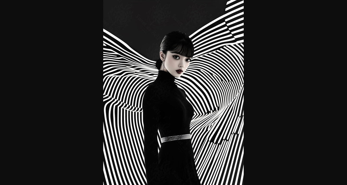 Black And White Fashion Photo of a Woman In The Center of a Optical Illusion That Creates Visual Depth and Movement 03 by 04 023 SN2459 - Sweet As Hell Designs