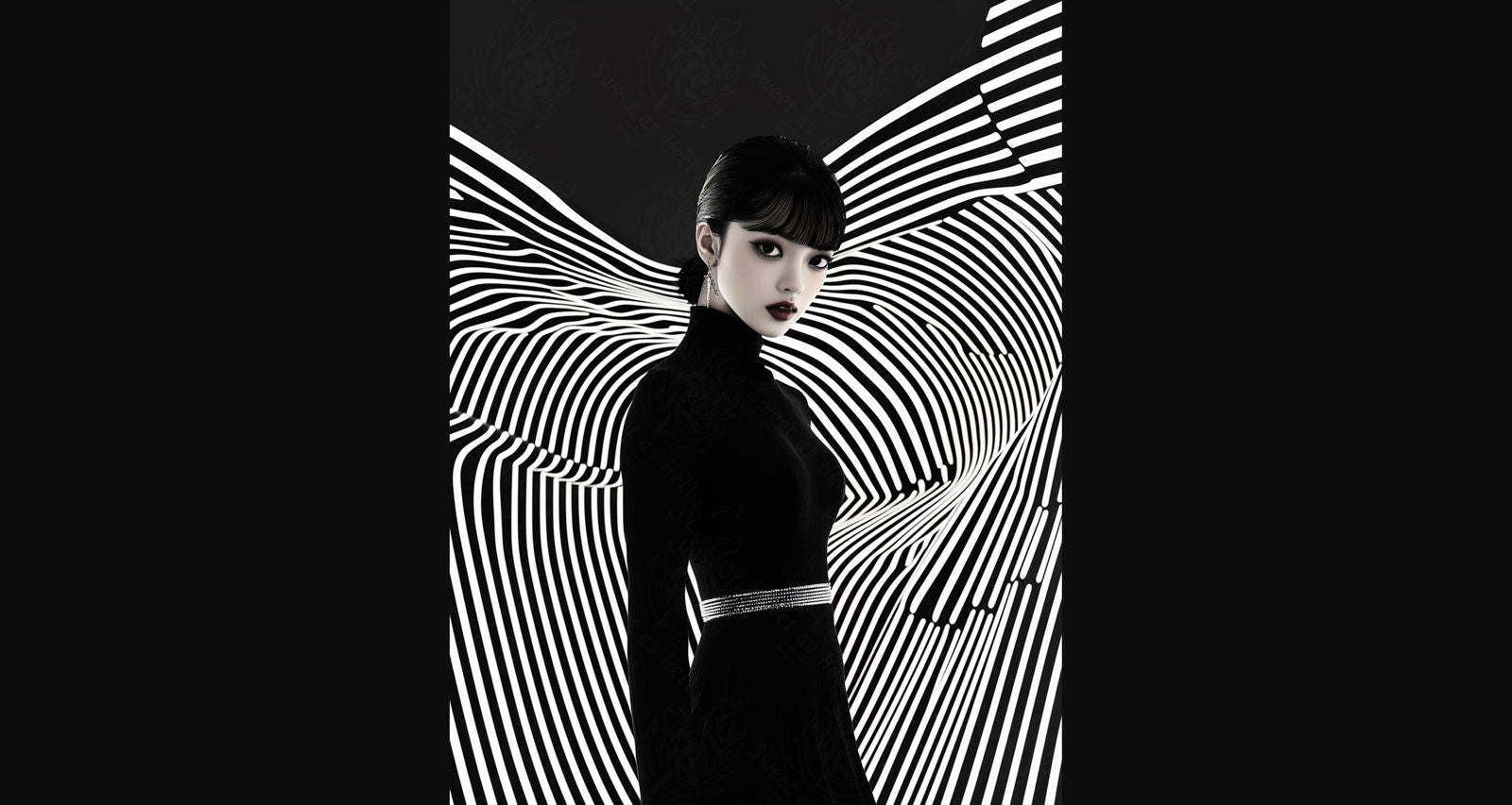 Black And White Fashion Photo of a Woman In The Center of a Optical Illusion That Creates Visual Depth and Movement 03 by 04 023 SN2459 - Sweet As Hell Designs
