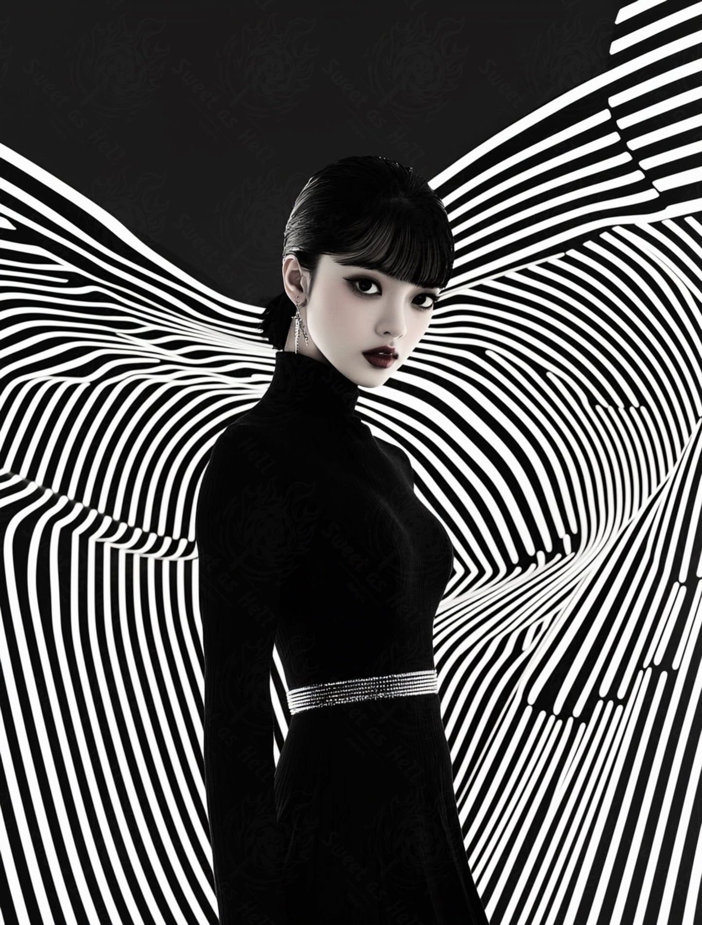 Black And White Fashion Photo of a Woman In The Center of a Optical Illusion That Creates Visual Depth and Movement 03 by 04 023 SN2459 - Sweet As Hell Designs