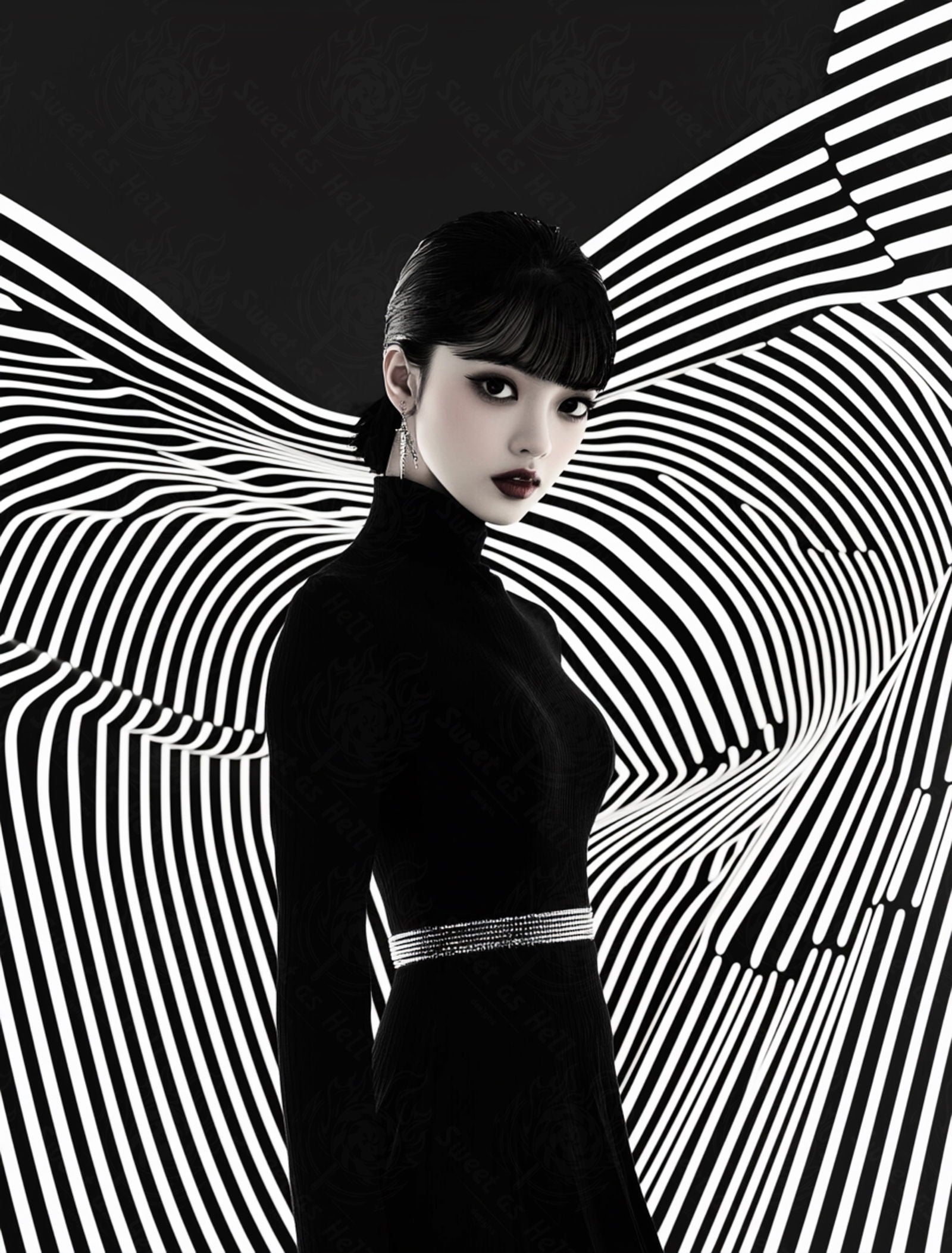 Black And White Fashion Photo of a Woman In The Center of a Optical Illusion That Creates Visual Depth and Movement 03 by 04 023 SN2459 - Sweet As Hell Designs