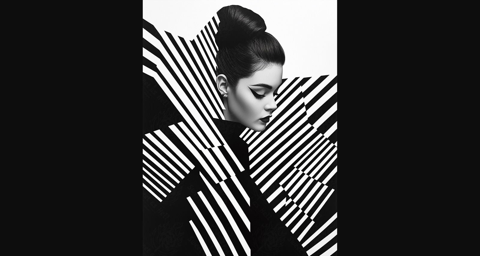 Black And White Fashion Photo of a Woman In The Center of a Optical Illusion That Creates Visual Depth and Movement 03 by 04 024 SN2460 - Sweet As Hell Designs