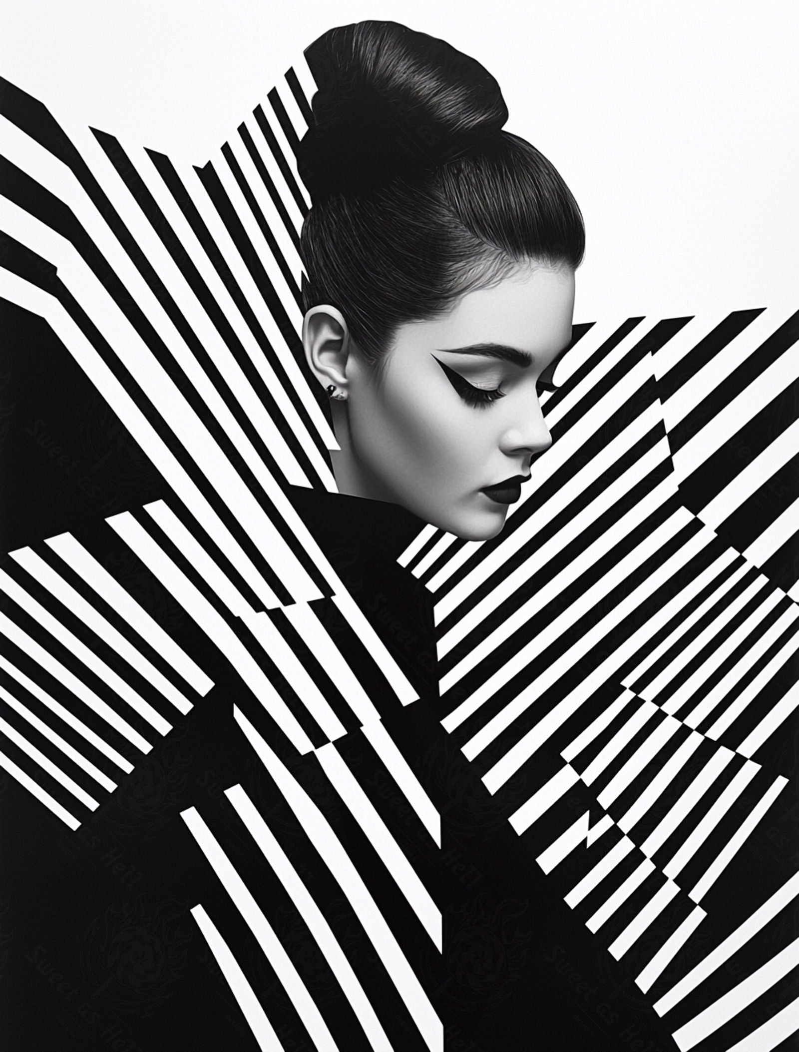 Black And White Fashion Photo of a Woman In The Center of a Optical Illusion That Creates Visual Depth and Movement 03 by 04 024 SN2460 - Sweet As Hell Designs