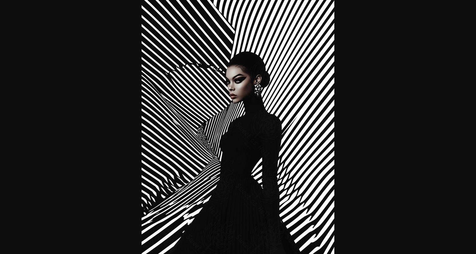 Black And White Fashion Photo of a Woman In The Center of a Optical Illusion That Creates Visual Depth and Movement 03 by 04 025 SN2461 - Sweet As Hell Designs