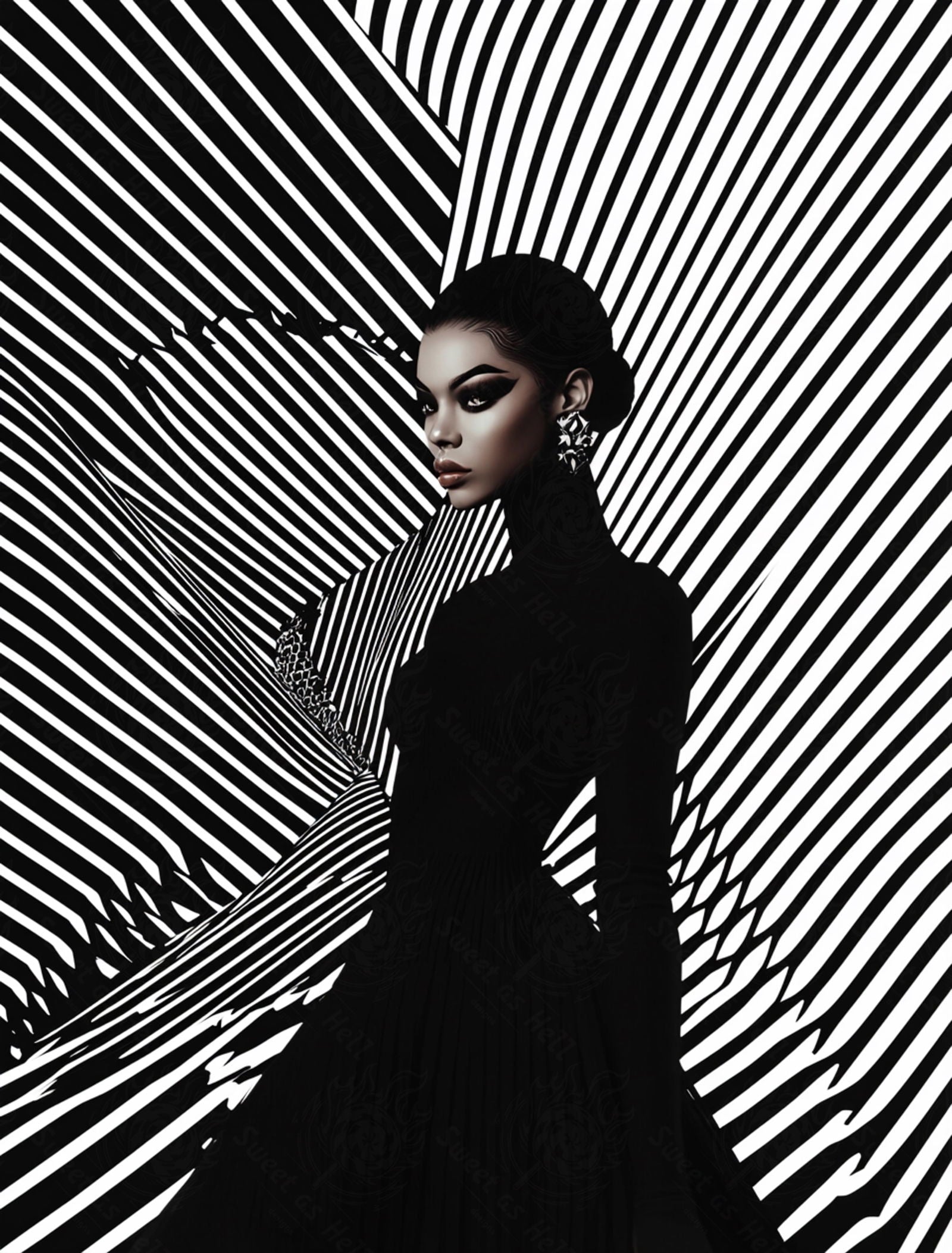 Black And White Fashion Photo of a Woman In The Center of a Optical Illusion That Creates Visual Depth and Movement 03 by 04 025 SN2461 - Sweet As Hell Designs