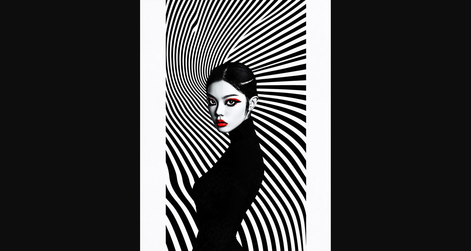 Black And White Fashion Photo of a Woman In The Center of a Optical Illusion That Creates Visual Depth and Movement 03 by 04 031 SN2467 - Sweet As Hell Designs