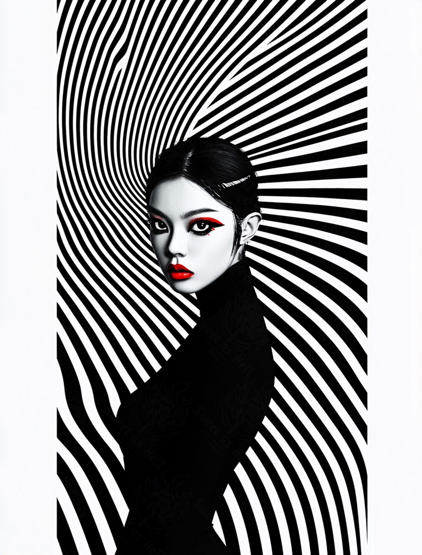 Black And White Fashion Photo of a Woman In The Center of a Optical Illusion That Creates Visual Depth and Movement 03 by 04 031 SN2467 - Sweet As Hell Designs
