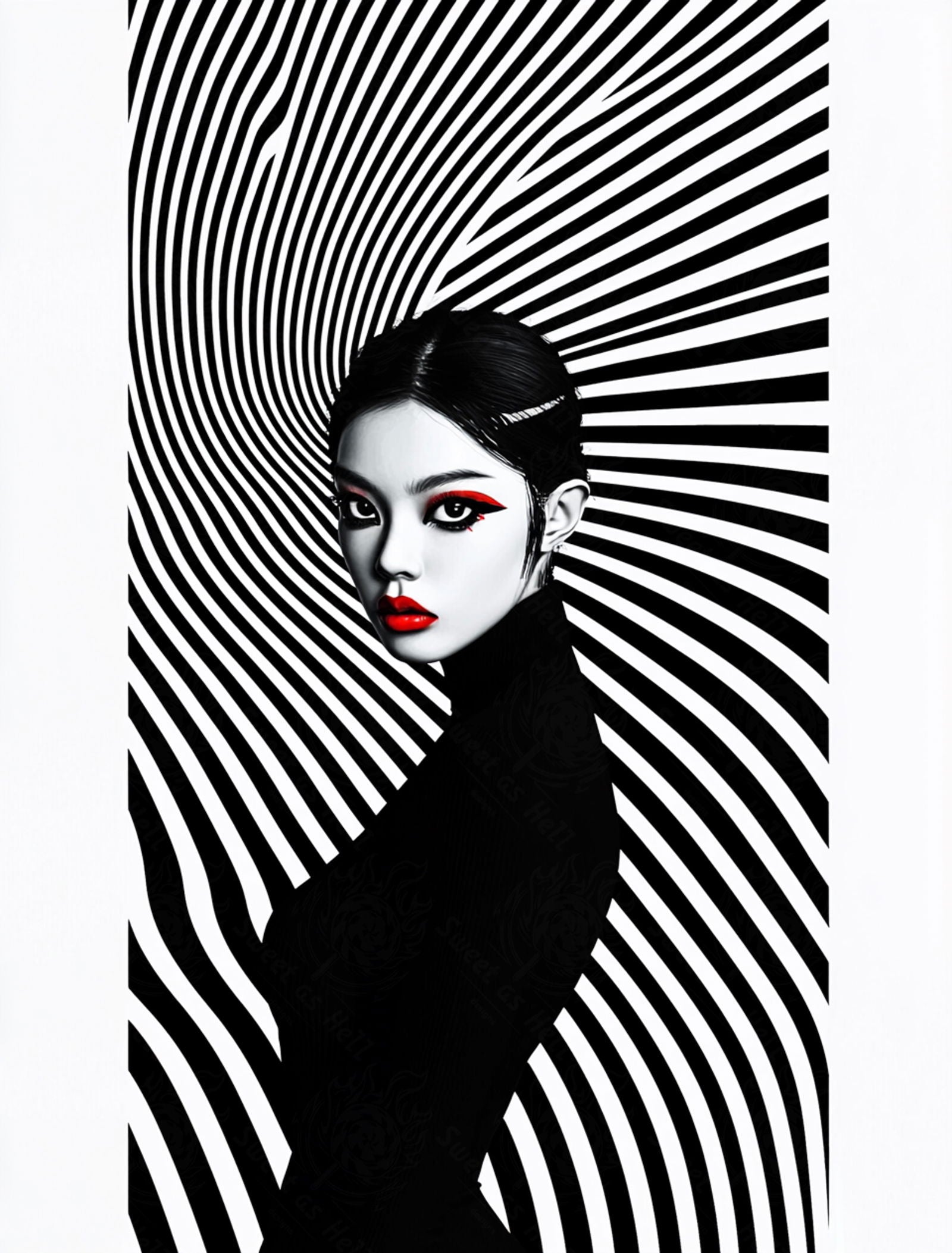Black And White Fashion Photo of a Woman In The Center of a Optical Illusion That Creates Visual Depth and Movement 03 by 04 031 SN2467 - Sweet As Hell Designs