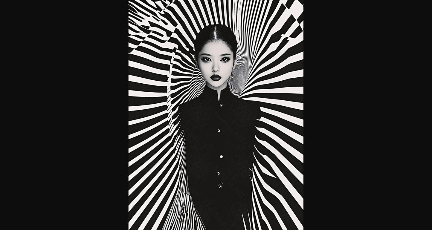 Black And White Fashion Photo of a Woman In The Center of a Optical Illusion That Creates Visual Depth and Movement 03 by 04 040 SN2476 - Sweet As Hell Designs