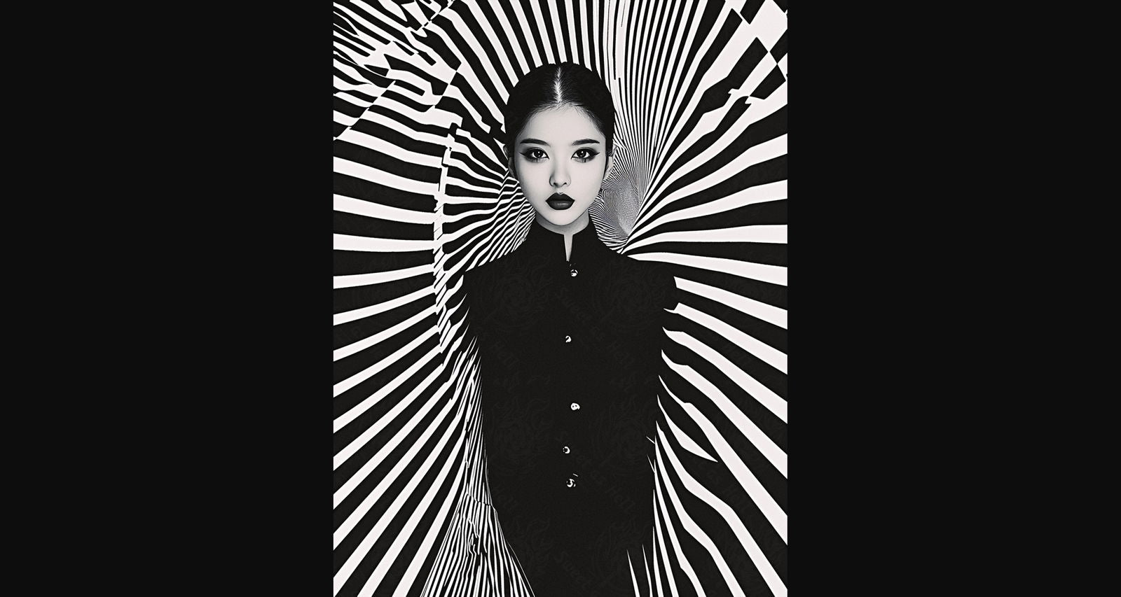 Black And White Fashion Photo of a Woman In The Center of a Optical Illusion That Creates Visual Depth and Movement 03 by 04 040 SN2476 - Sweet As Hell Designs