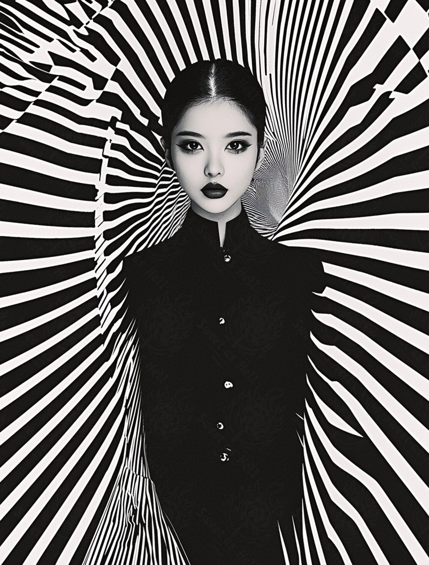 Black And White Fashion Photo of a Woman In The Center of a Optical Illusion That Creates Visual Depth and Movement 03 by 04 040 SN2476 - Sweet As Hell Designs