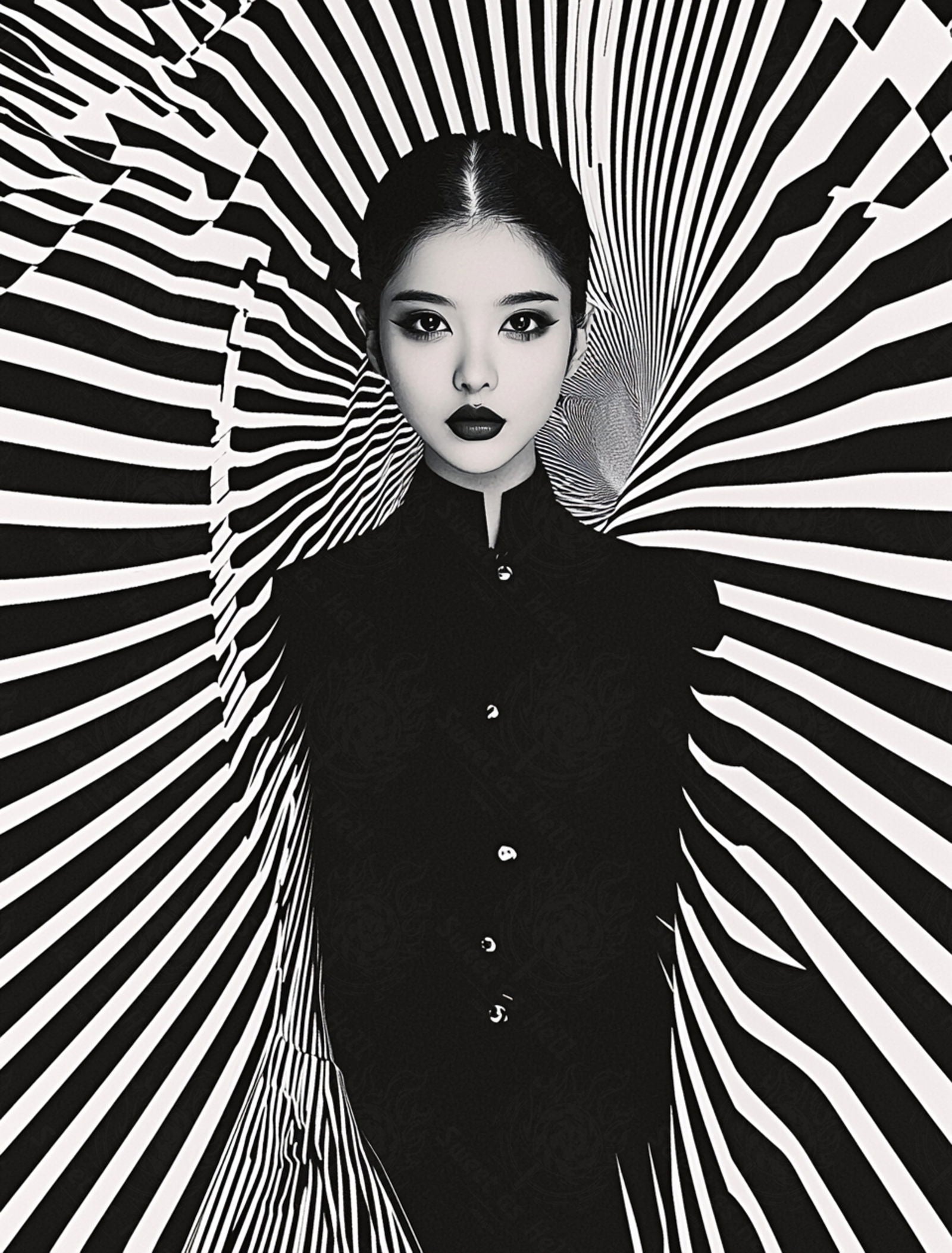Black And White Fashion Photo of a Woman In The Center of a Optical Illusion That Creates Visual Depth and Movement 03 by 04 040 SN2476 - Sweet As Hell Designs