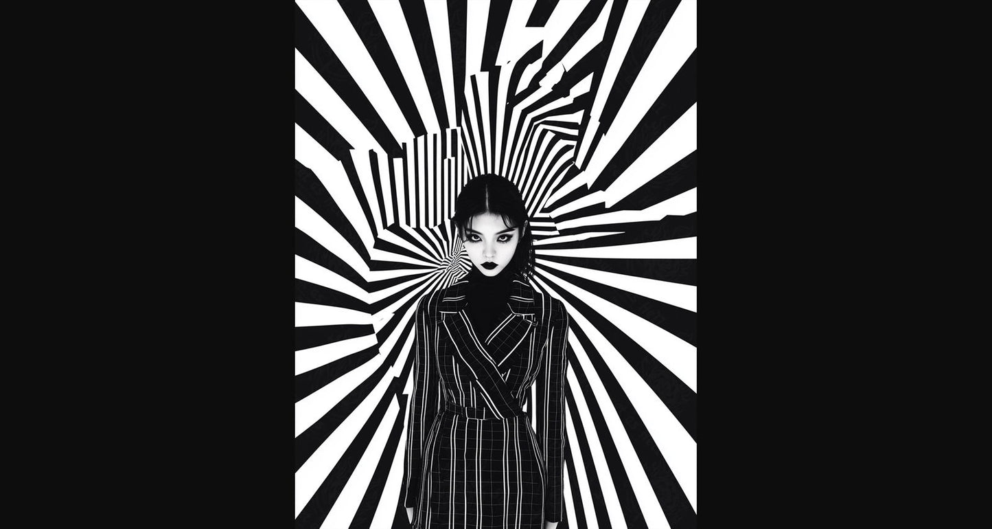 Black And White Fashion Photo of a Woman In The Center of a Optical Illusion That Creates Visual Depth and Movement 03 by 04 047 SN2483 - Sweet As Hell Designs