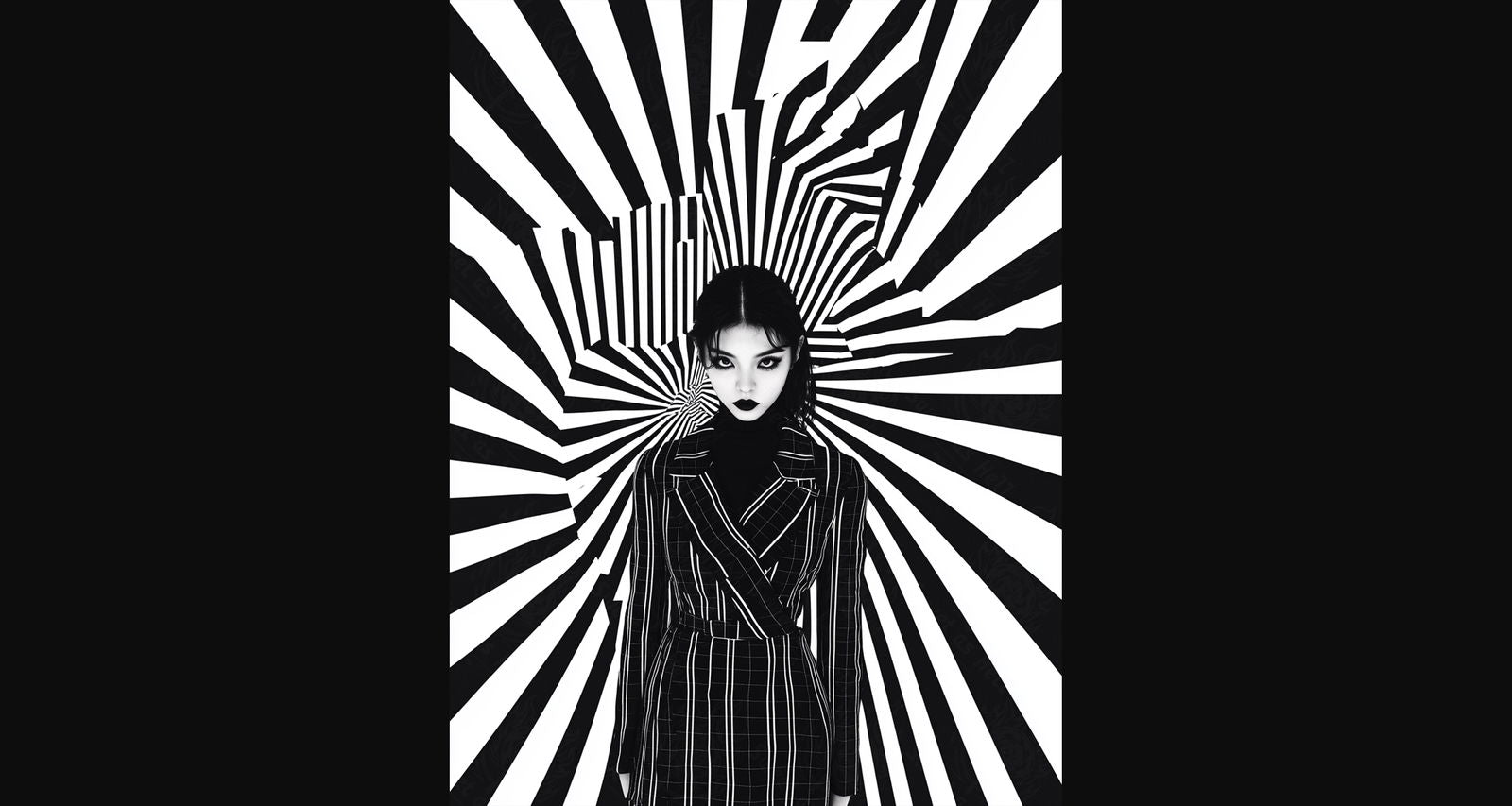 Black And White Fashion Photo of a Woman In The Center of a Optical Illusion That Creates Visual Depth and Movement 03 by 04 047 SN2483 - Sweet As Hell Designs