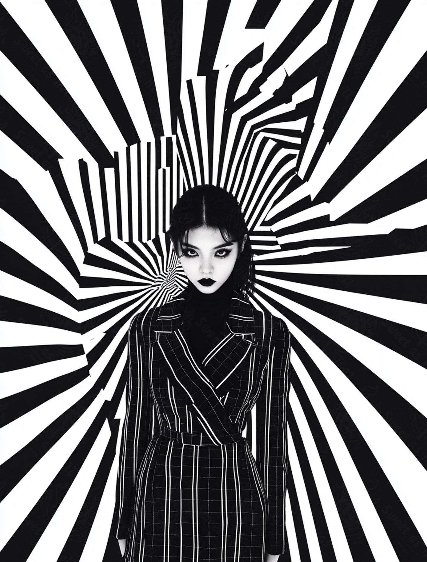 Black And White Fashion Photo of a Woman In The Center of a Optical Illusion That Creates Visual Depth and Movement 03 by 04 047 SN2483 - Sweet As Hell Designs