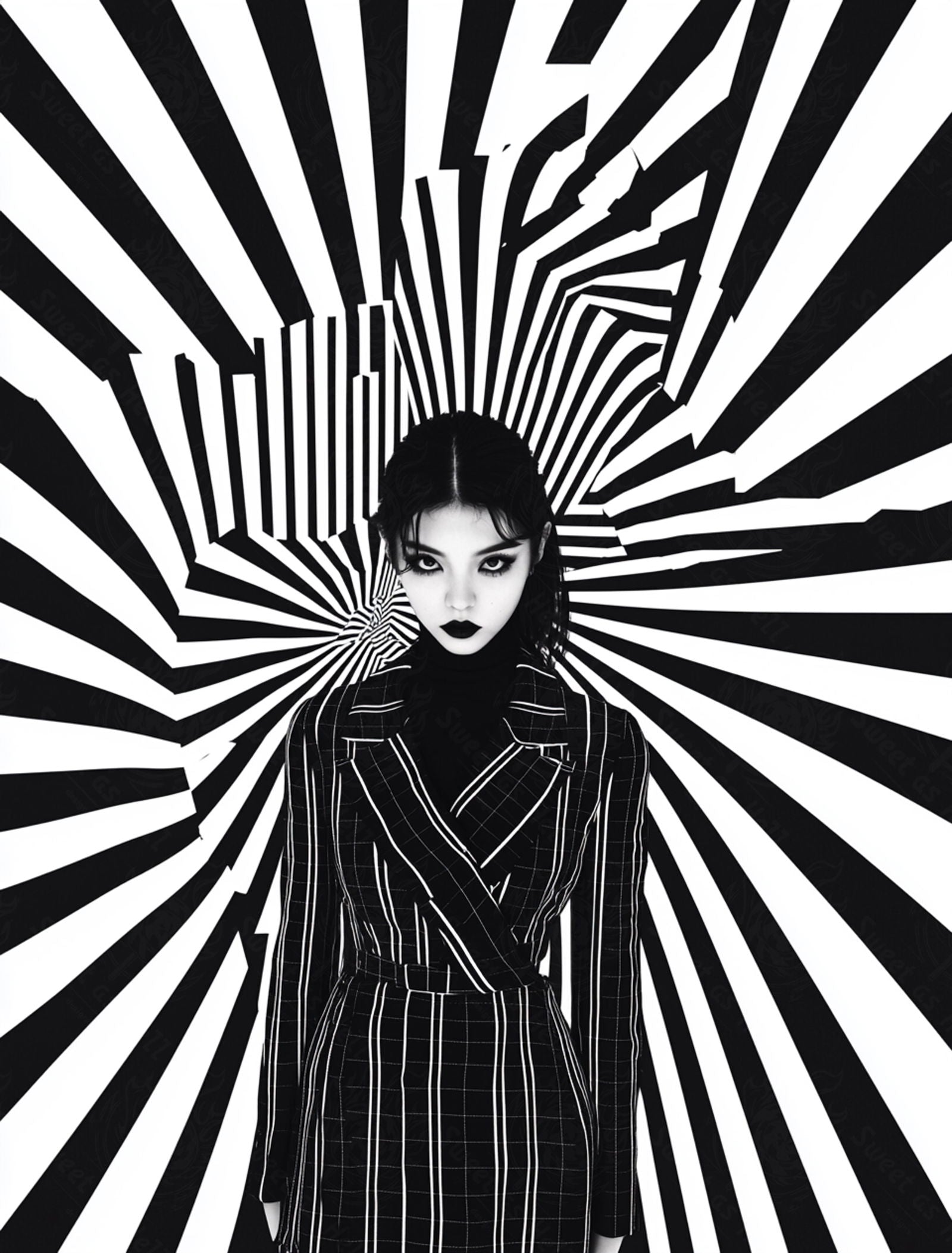 Black And White Fashion Photo of a Woman In The Center of a Optical Illusion That Creates Visual Depth and Movement 03 by 04 047 SN2483 - Sweet As Hell Designs