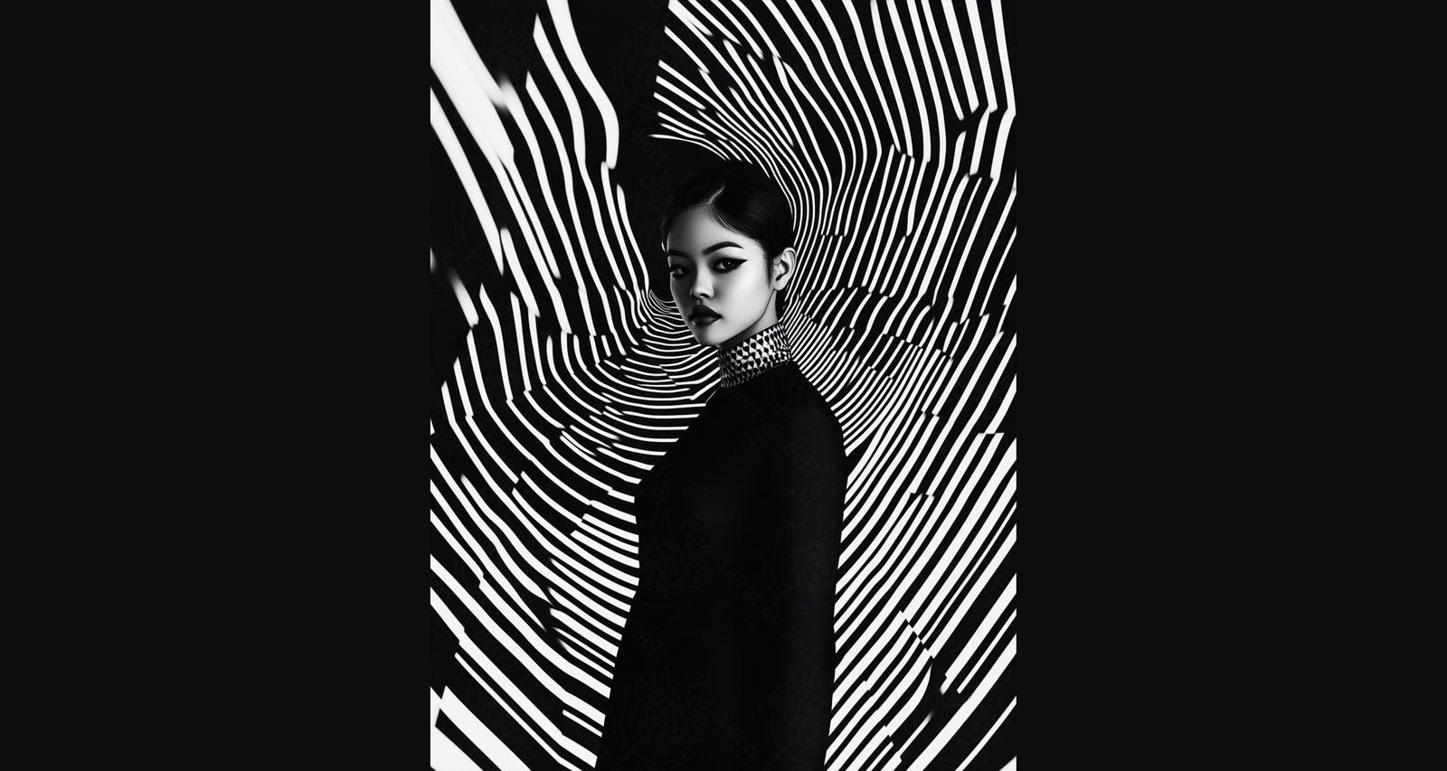 Black And White Fashion Photo of a Woman In The Center of a Optical Illusion That Creates Visual Depth and Movement 03 by 04 056 SN2492 - Sweet As Hell Designs
