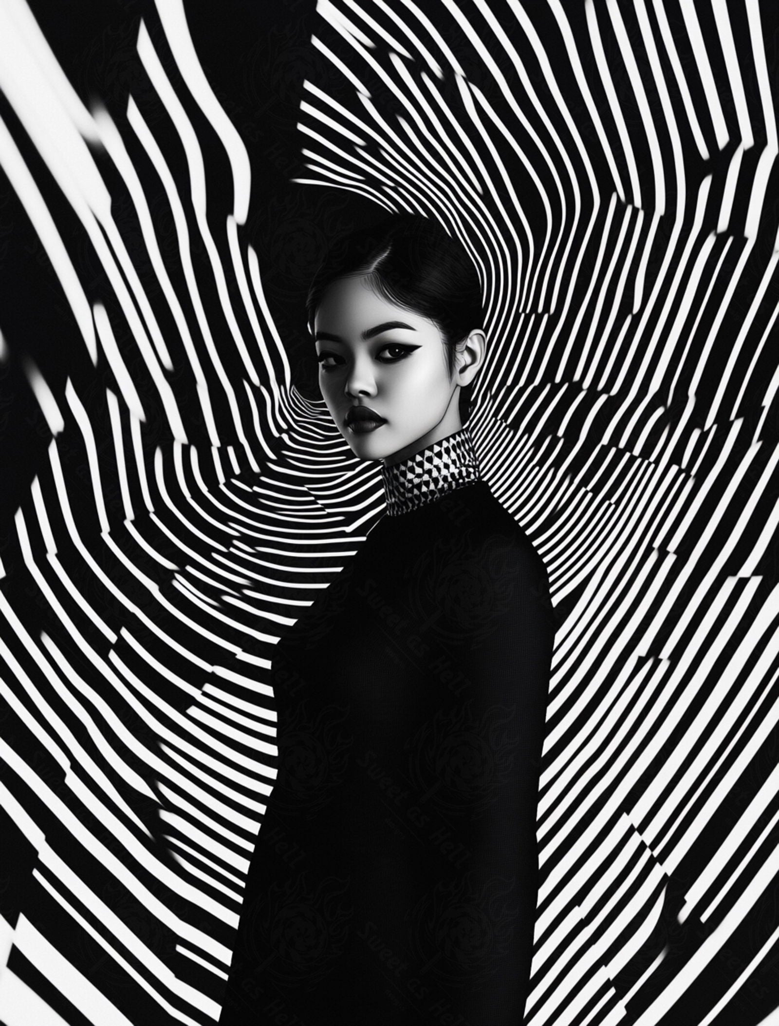 Black And White Fashion Photo of a Woman In The Center of a Optical Illusion That Creates Visual Depth and Movement 03 by 04 056 SN2492 - Sweet As Hell Designs