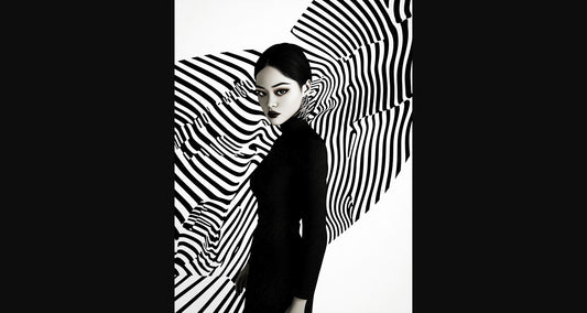 Black And White Fashion Photo of a Woman In The Center of a Optical Illusion That Creates Visual Depth and Movement 03 by 04 059 SN2495 - Sweet As Hell Designs