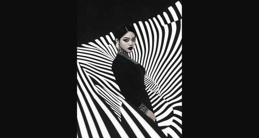 Black And White Fashion Photo of a Woman In The Center of a Optical Illusion That Creates Visual Depth and Movement 03 by 04 060 SN2496 - Sweet As Hell Designs