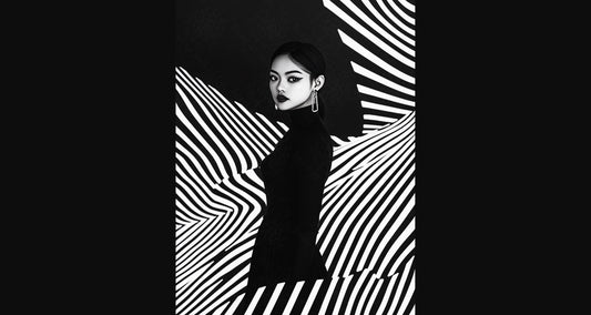 Black And White Fashion Photo of a Woman In The Center of a Optical Illusion That Creates Visual Depth and Movement 03 by 04 061 SN2497 - Sweet As Hell Designs