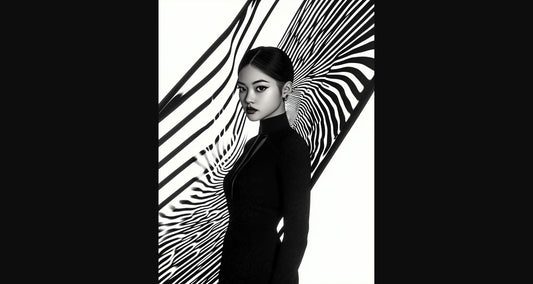 Black And White Fashion Photo of a Woman In The Center of a Optical Illusion That Creates Visual Depth and Movement 03 by 04 062 SN2498 - Sweet As Hell Designs
