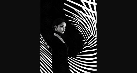 Black And White Fashion Photo of a Woman In The Center of a Optical Illusion That Creates Visual Depth and Movement 03 by 04 063 SN2499 - Sweet As Hell Designs