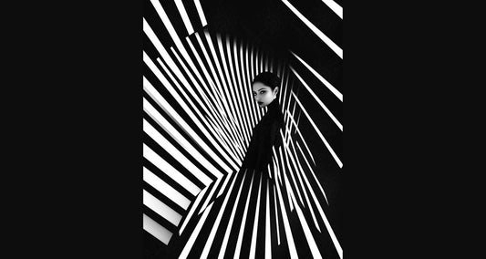 Black And White Fashion Photo of a Woman In The Center of a Optical Illusion That Creates Visual Depth and Movement 03 by 04 064 SN2500 - Sweet As Hell Designs