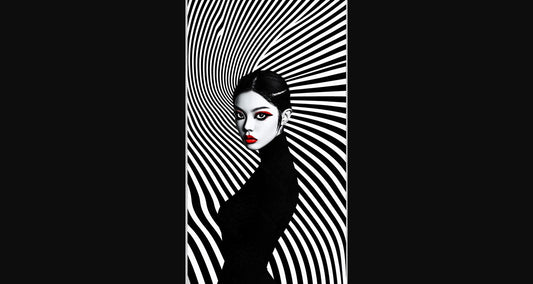 Black And White Fashion Photo of a Woman In The Center of a Optical Illusion That Creates Visual Depth and Movement With Transparent Background 0011 SN2778 - Sweet As Hell Designs