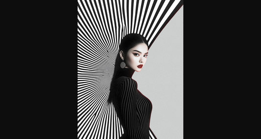 Black And White Fashion Photo of a Woman In The Center of a Optical Illusion That Creates Visual Depth and Movement With Transparent Background 0012 SN2780 - Sweet As Hell Designs