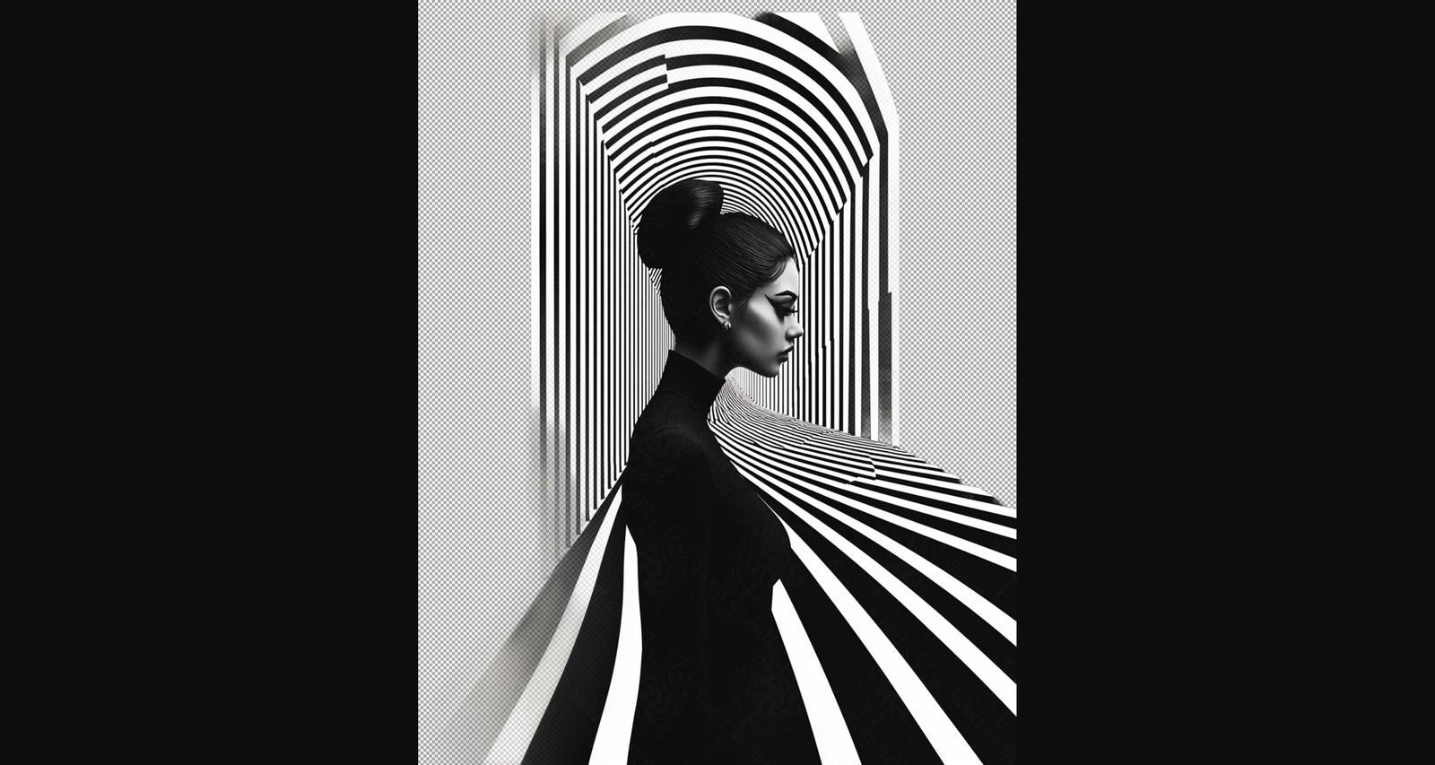 Black And White Fashion Photo of a Woman In The Center of a Optical Illusion That Creates Visual Depth and Movement With Transparent Background 003 SN2754 - Sweet As Hell Designs